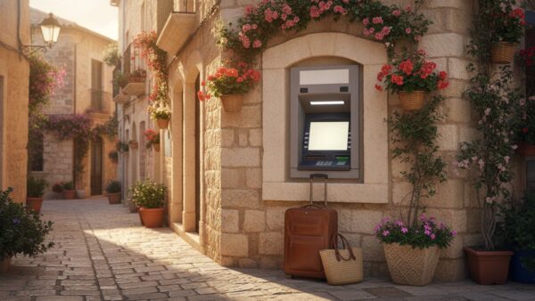 girocard bild 3 Geldautomat in einer Altstadtgasse im Urlaub, davor ein Rollkoffer