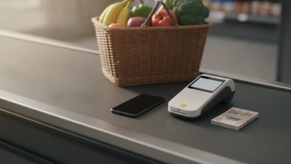girocard bild 4 Smartphone, Kartenterminal und Bargeld an einer Supermarktkasse