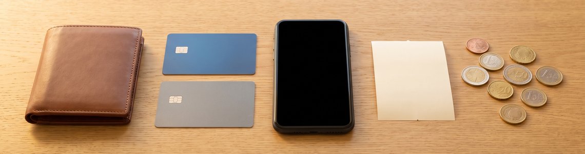 Portemonnaie, zwei Bankkarten ohne Aufdruck, Smartphone und Münzen auf einem Holzschreibtisch