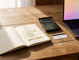 Notizbuch, Taschenrechner, Bankkarte und Laptop mit Klebezettel „Abo, Monat, Jahr“ auf einem Holztisch