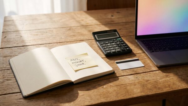 google ai pro bild 1 Notizbuch, Taschenrechner, Bankkarte und Laptop mit Klebezettel „Abo, Monat, Jahr“ auf einem Holztisch