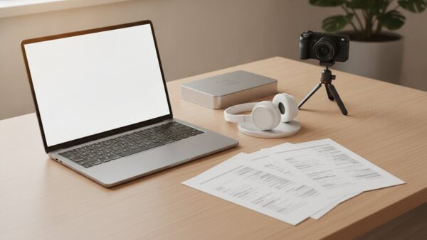 google ai pro bild 2 Arbeitsplatz mit Laptop, Rechercheblättern, Kopfhörern, kleiner Videokamera und externer Festplatte