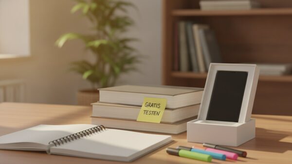 google ai pro bild 3 Lehrbücher, Collegeblock und ein ausgepacktes Smartphone mit Klebezettel „Gratis testen“ auf einem Schreibtisch