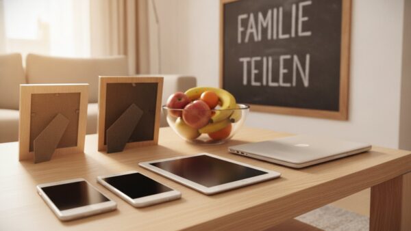 google ai pro bild 4 Wohnzimmertisch mit mehreren Smartphones, Tablet und Laptop, an der Wand eine Tafel mit „Familie teilen“