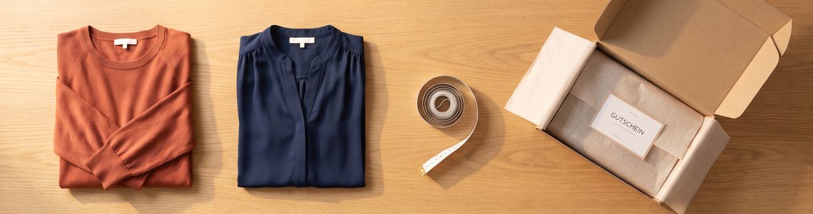 Mode in großen Größen für Damen: Pullover, Bluse, Maßband und Versandbox