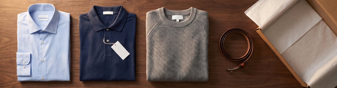 Herrenmode in großen Größen: Hemd, Poloshirt, Pullover und Gürtel