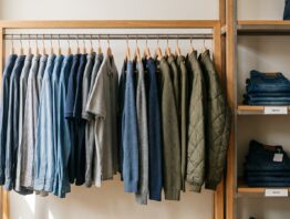 Kleiderstange mit Herrenmode in großen Größen und Regal mit Jeans