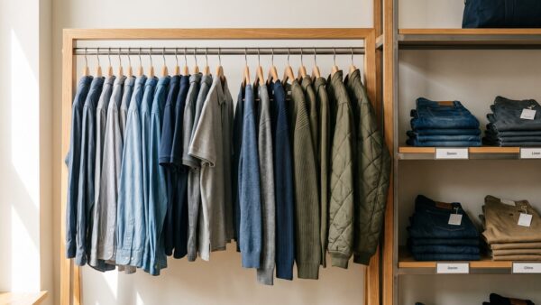 Kleiderstange mit Herrenmode in großen Größen und Regal mit Jeans