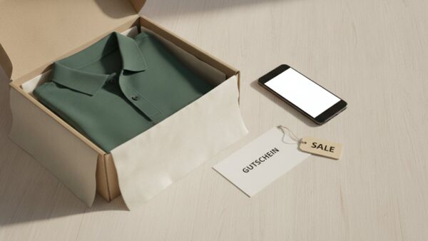 Versandbox mit Poloshirt, Gutschein-Karte und Sale-Anhänger