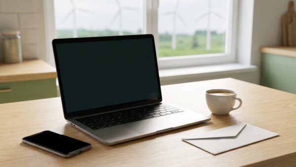 gruueuen strom bild 1 Notebook, Smartphone und unbeschrifteter Briefumschlag auf dem Küchentisch, im Hintergrund Windräder