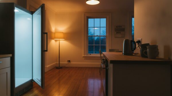 gruueuen strom bild 2 Wohnküche am Abend mit eingeschalteten Lampen und leicht geöffnetem Kühlschrank