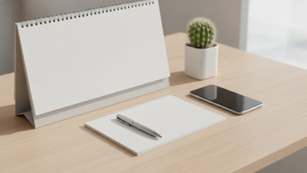 gruueuen strom bild 3 Schreibtisch mit leerem Tischkalender, Kugelschreiber, Papierblöcken und Smartphone