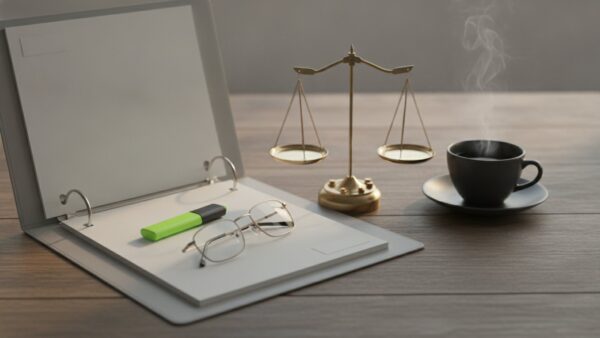 gruueuen strom bild 4 Geöffneter Aktenordner mit leeren Blättern, Lesebrille, grüner Textmarker und kleine Messingwaage