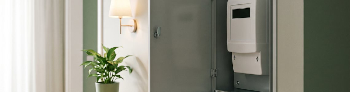 Heller Hausflur mit geöffnetem Zählerschrank, Stromzähler ohne Anzeige, Wandlampe und Grünpflanze