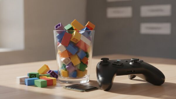 gta 6 groesse bild 2 Volles Glas mit Bausteinen neben Controller und SSD als Sinnbild für knappen Speicher