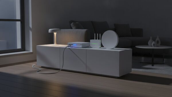 gta 6 groesse bild 4 Spielkonsole mit LAN-Kabel und Router lädt nachts im Wohnzimmer