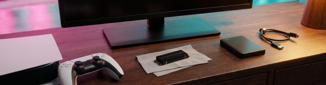 Spielkonsole, Controller, M.2-SSD mit Kühlkörper und externe Festplatte unter einem Fernseher