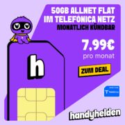 Handyhelden: 50GB 5G Allnet-Flat im Telefónica-Netz für 7,99€/Monat (mtl. kündbar, 0€ AG)