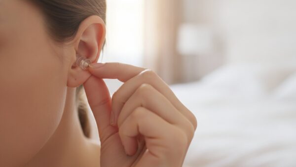happy ears ohrstoepsel bild 3 Hand setzt einen transparenten Ohrstöpsel mit leichter Drehung ins Ohr ein, Nahaufnahme ohne Gesicht