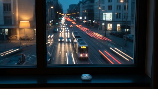 happy ears ohrstoepsel bild 4 Fensterbank mit Ohrstöpsel-Etui vor einer belebten nächtlichen Stadtstraße mit Lichtspuren