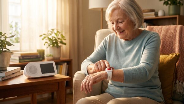 hausnotruf 1 Seniorin drückt den Notrufknopf am Handgelenk, daneben die Hausnotruf-Basisstation