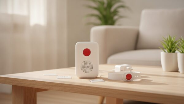 hausnotruf 2 Hausnotruf-Set mit Basisstation und Funkarmband auf einem Wohnzimmertisch