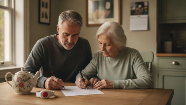 hausnotruf 3 Angehöriger beantragt den Hausnotruf für die Mutter am Küchentisch