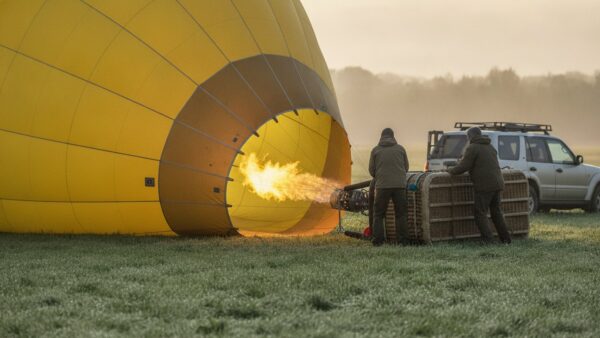 heissluftballon bild 2 Helfer rüsten am frühen Morgen auf einer Wiese einen gelben Heißluftballon auf, die Brennerflamme leuchtet in die Hülle