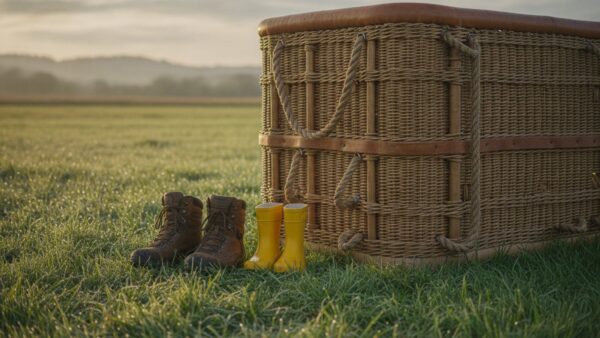 heissluftballon bild 3 Geflochtener Ballonkorb auf einer Wiese, daneben Wanderschuhe und Kinder-Gummistiefel
