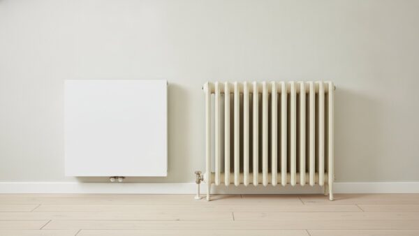 heizkoerperventilator bild 3 Moderner Plattenheizkörper neben einem alten gusseisernen Gliederheizkörper an einer hellen Wand