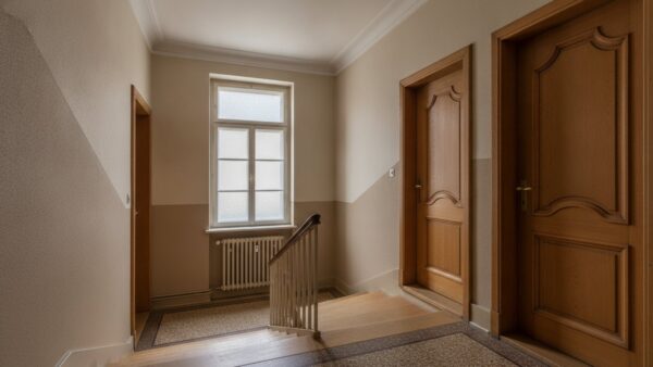 heizkoerperventilator bild 4 Ruhiges Treppenhaus eines Mehrfamilienhauses mit Holztüren und Heizkörper unter dem Fenster