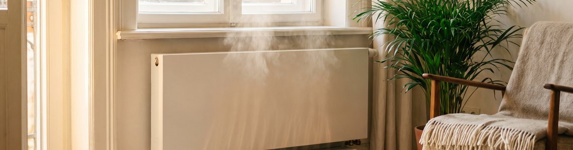 Heller Wohnraum mit Plattenheizkörper unter dem Fenster und schmaler weißer Lüfterleiste darunter