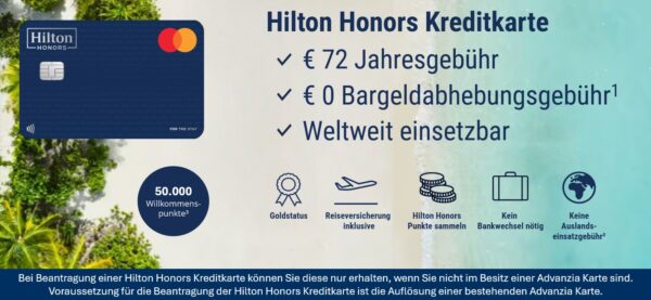 hilton honors kreditkarte 50000 banner Hilton Honors Kreditkarte: 72 € Jahresgebühr und 50.000 Willkommenspunkte