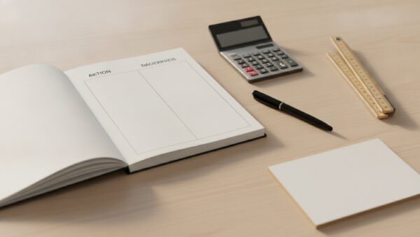 ikea black friday bild 3 Notizbuch mit den Spalten „Aktion“ und „Dauerpreis“ neben Taschenrechner und Zollstock