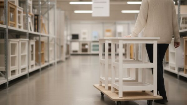 ikea black friday bild 4 Person bringt gebrauchten Beistelltisch und Regal auf einem Rollwagen zur RĂĽckgabe