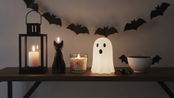 Halloween-Deko im skandinavischen Stil auf einem Regal: Laterne, Katzenkerze, Geister-Leuchte und Fledermaus-Schale