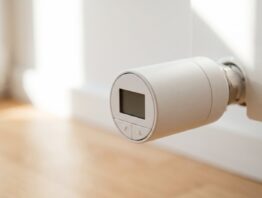 Weißes smartes Heizkörperthermostat am Ventil eines Heizkörpers