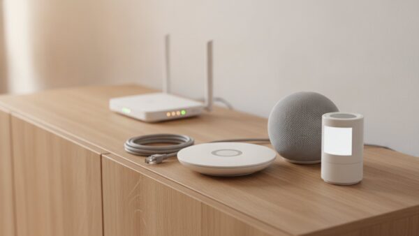 Smart-Home-Hub, kleiner Lautsprecher und Heizkörperthermostat auf einem Sideboard
