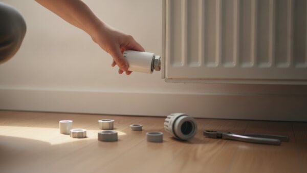 Hand schraubt einen Thermostatkopf auf ein Heizkörperventil, daneben Adapterringe und Zange