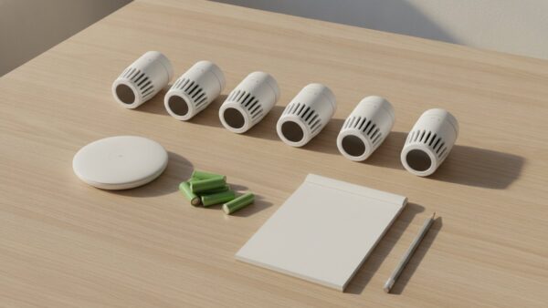 Fünf Heizkörperthermostate, ein Hub und Akkus nebeneinander auf einem Holztisch