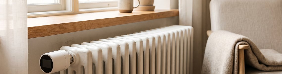 Weißer Heizkörper mit smartem Heizkörperthermostat unter einem Wohnzimmerfenster