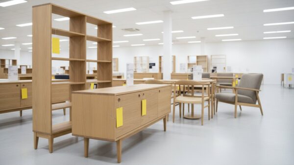 Aufgebaute Einzelstücke mit Anhängern im Zweite-Chance-Bereich eines Möbelhauses