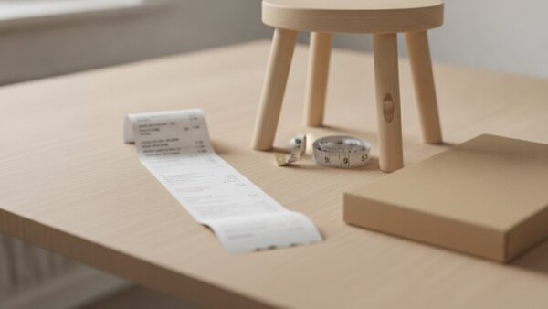 Kassenbon neben einem Holzhocker mit kleiner Macke als Sinnbild für Rückgabe und Gewährleistung