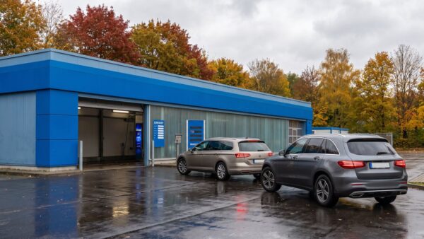imo car wash bild 1 Einfahrt einer Autowaschstraße mit blauer Fassade, davor zwei wartende Autos auf nassem Asphalt