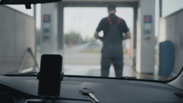 imo car wash bild 3 Blick aus dem Auto auf die Einfahrt einer Waschstraße, im Vordergrund ein Smartphone in der Halterung