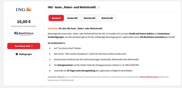 ing kredit bonus deal so gehts ING Kredit Bonus-Deal: Auswahl Autokredit, Ratenkredit und Wohnkredit