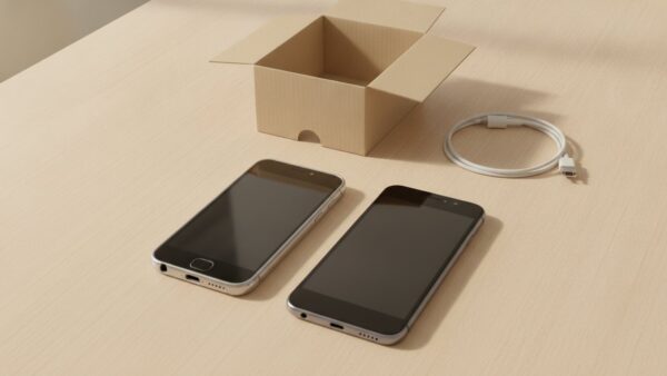 ing login bild 3 Altes und neues Smartphone nebeneinander mit leerer Verpackung beim Handywechsel