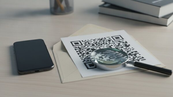 ing login bild 4 Briefumschlag mit Quadratmuster unter einer Lupe neben einem Smartphone als Symbol fĂŒr Phishing per QR-Code