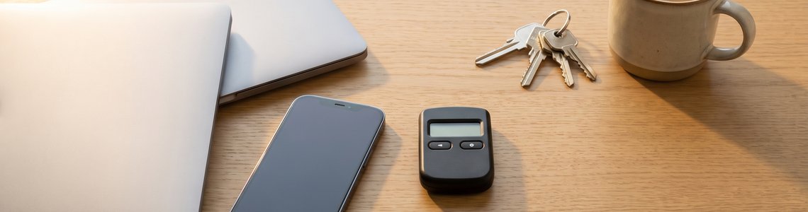 Schreibtisch mit zugeklapptem Laptop, Smartphone, kleinem Lesegerät und Schlüsselbund für den Login ins Online-Banking