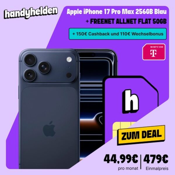 iphone 17 pro max telekom 50gb handyhelden Apple iPhone 17 Pro Max 256GB + freenet Allnet Flat 50GB im Telekom-Netz bei Handyhelden